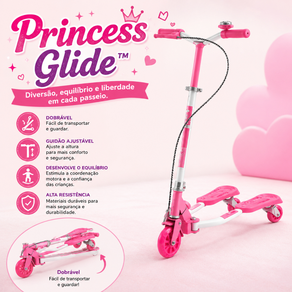 Princess Glide™ | Patinete Infantil Dobrável Rosa com Guidão Ajustável | Diversão, Equilíbrio e Movimento
