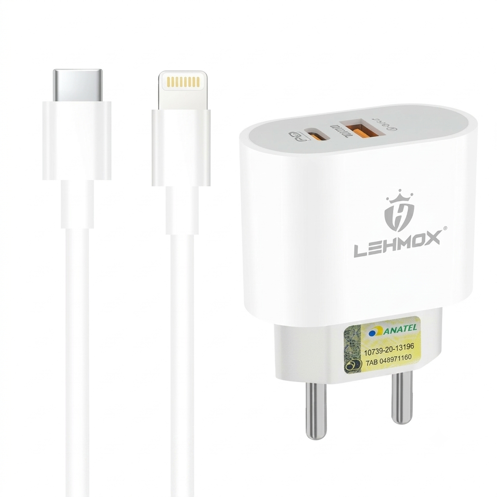 Carregador Turbo iPhone 40W Duplo USB C e USB A + Cabo Lightning Fonte Carga Rápida Dupla Tomada 2 Entradas