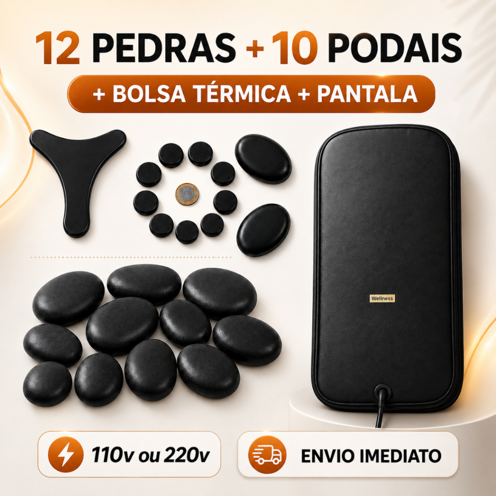 Kit 12 Pedras Quentes Vulcânicas Corporal + 10 Podais  + Bolsa Térmica + Pantalinha