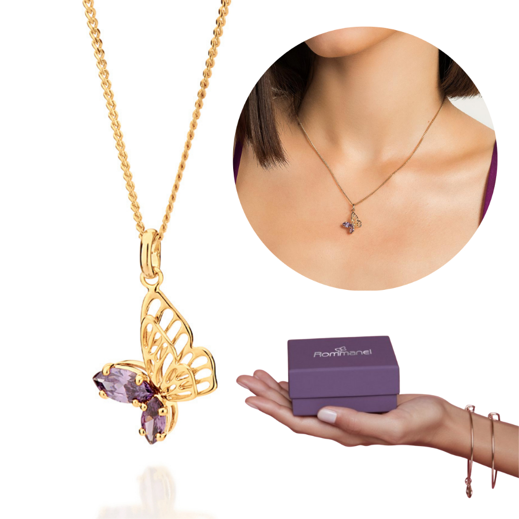 Imagem de Presente Feminino Rommanel Original Colar Com Pingente Borboleta Lilás + Embalagens