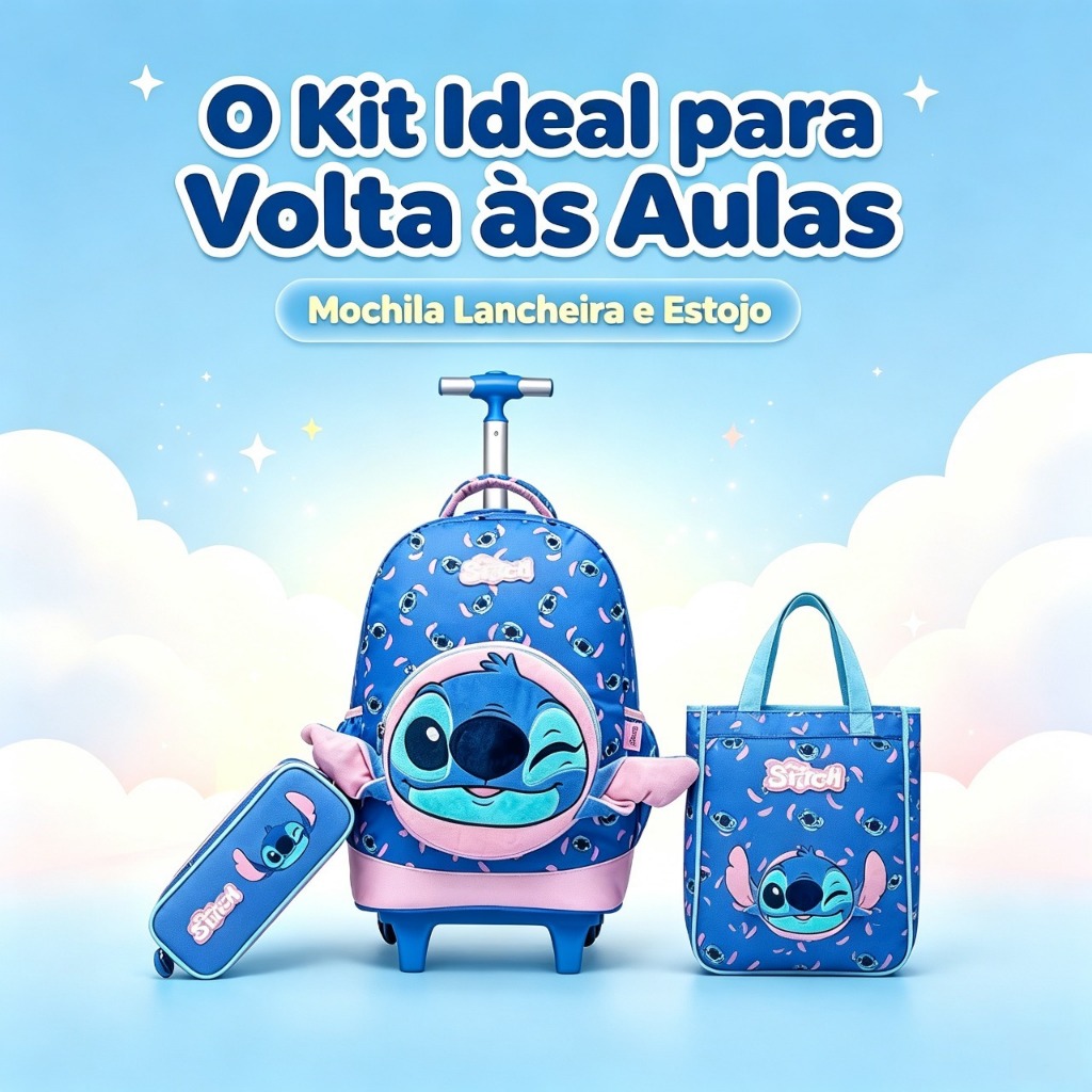 Kit Mochila Rodinha Disney Lancheira Estojo Escolar Stitch