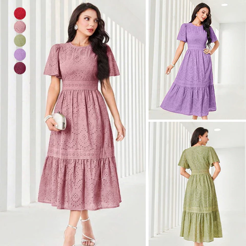 Vestido Midi de Renda Lisa com Estampa Vazada Babado na Barra e Cintura Alta para Festa e Casual