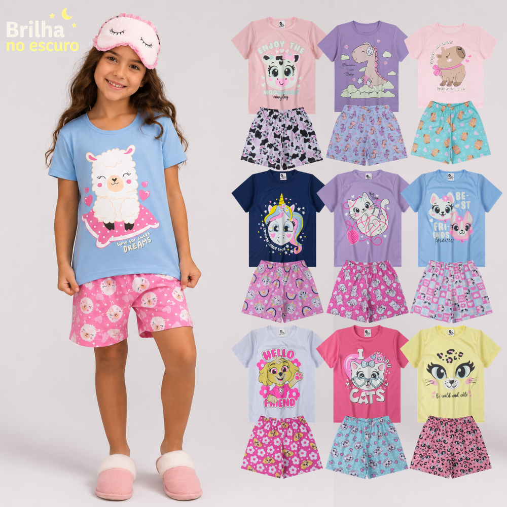 Pijama Infantil Menina Brilha no Escuro do Tamanho 03 ao 14 | Pijama Feminino Juvenil Estampados Verão