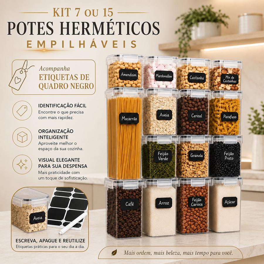 Kit Potes Herméticos Porta-Mantimentos com Tampa com Trava para Cozinha Armário