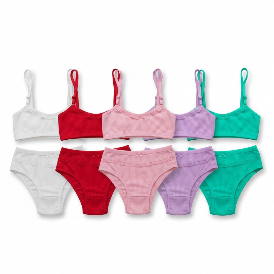 Kit 3 ou 2 Conjunto Infantil Canelado Top Sem Bojo + Calcinha Forro em Algodão Confortável Edumara