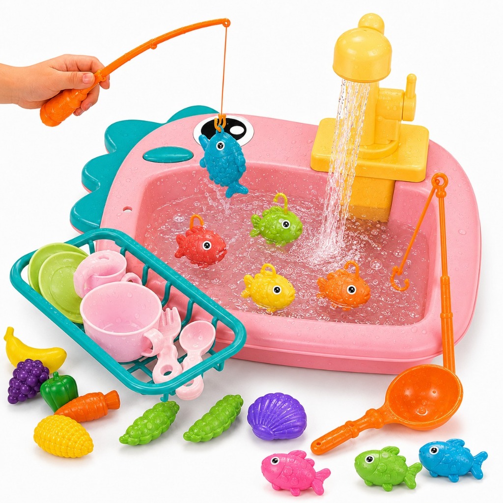 Kit Cozinha e Pescaria com Acessórios Brinquedo Pia Infantil com Água Corrente