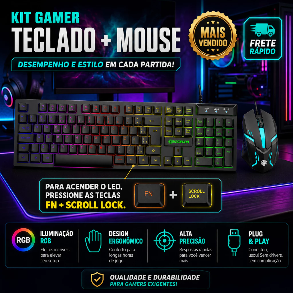 Teclado e Mouse Kit Gamer semi mecanico RGB LED USB ABNT2 Profissional para PC Notebook