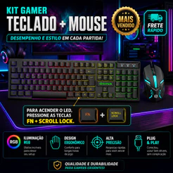 Teclado e Mouse Kit Gamer semi mecanico RGB LED USB ABNT2 Profissional para PC Notebook
