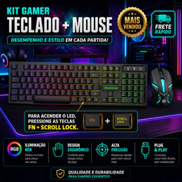 Teclado e Mouse Kit Gamer semi mecanico RGB LED USB ABNT2 Profissional para PC Notebook