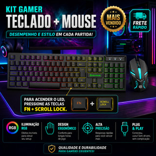 Teclado e Mouse Kit Gamer semi mecanico RGB LED USB ABNT2 Profissional para PC Notebook