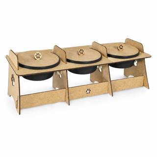Comedouro Triplo para Pets 36x15cm Suporte de Madeira Mdf com 3 Tigelas Plásticas