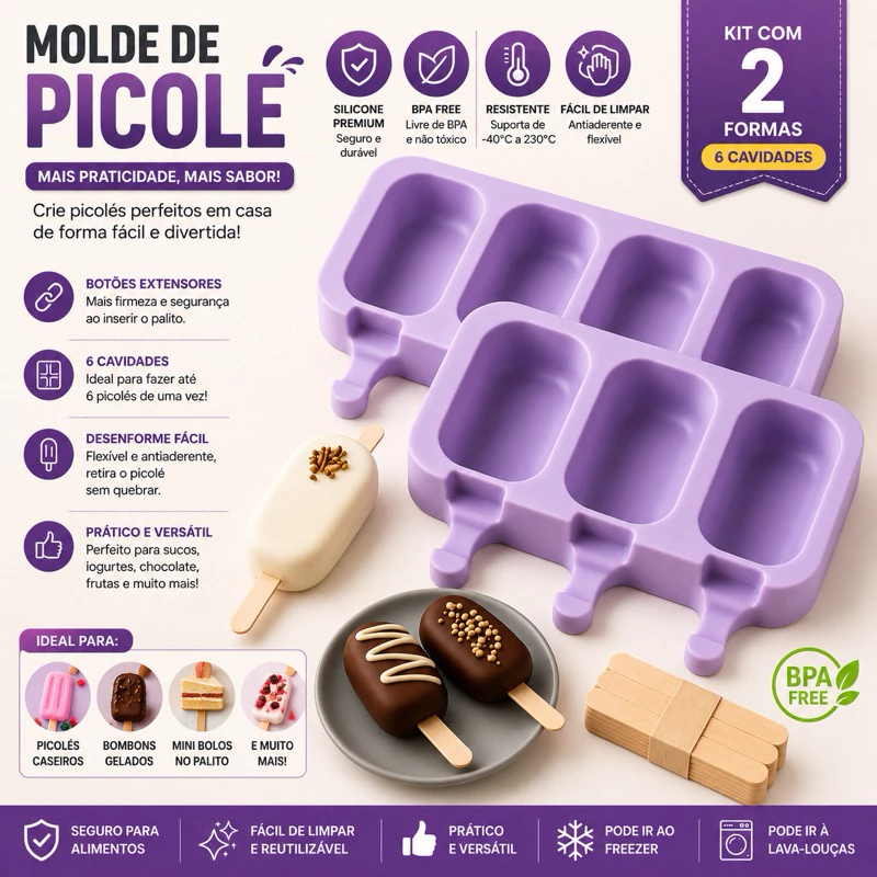 Forma de Sorvete Molde de Picolé de Silicone Com Tampa + 50 Palitos — imagem 1