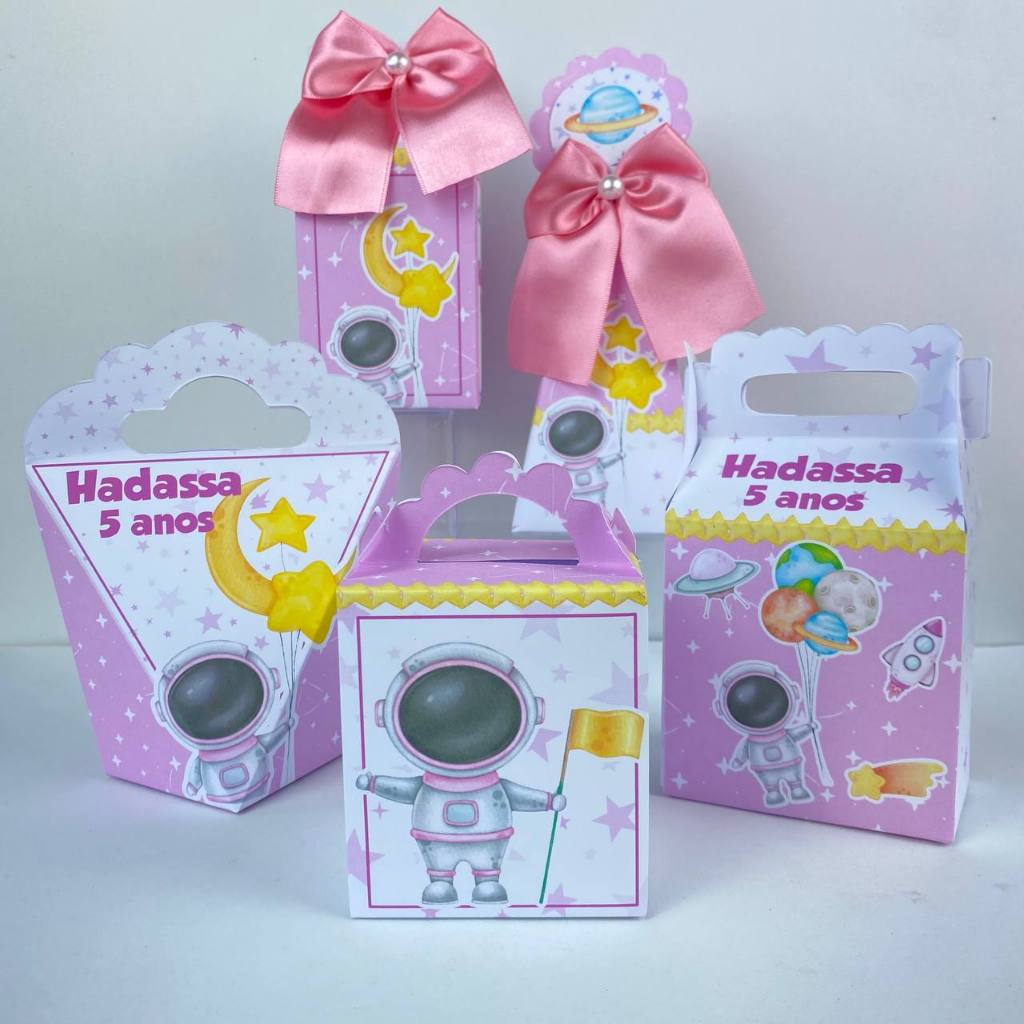 Kit Caixinhas Personalizados Astronauta Rosa Menina Espacial Galáxia (PEGUE E MONTE) Lembrancinhas para Festa Infantil
