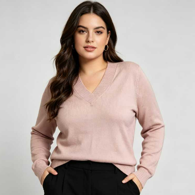 blusa de tricôt plus size feminina de frio liso Básica Gola V manga comprido 0334