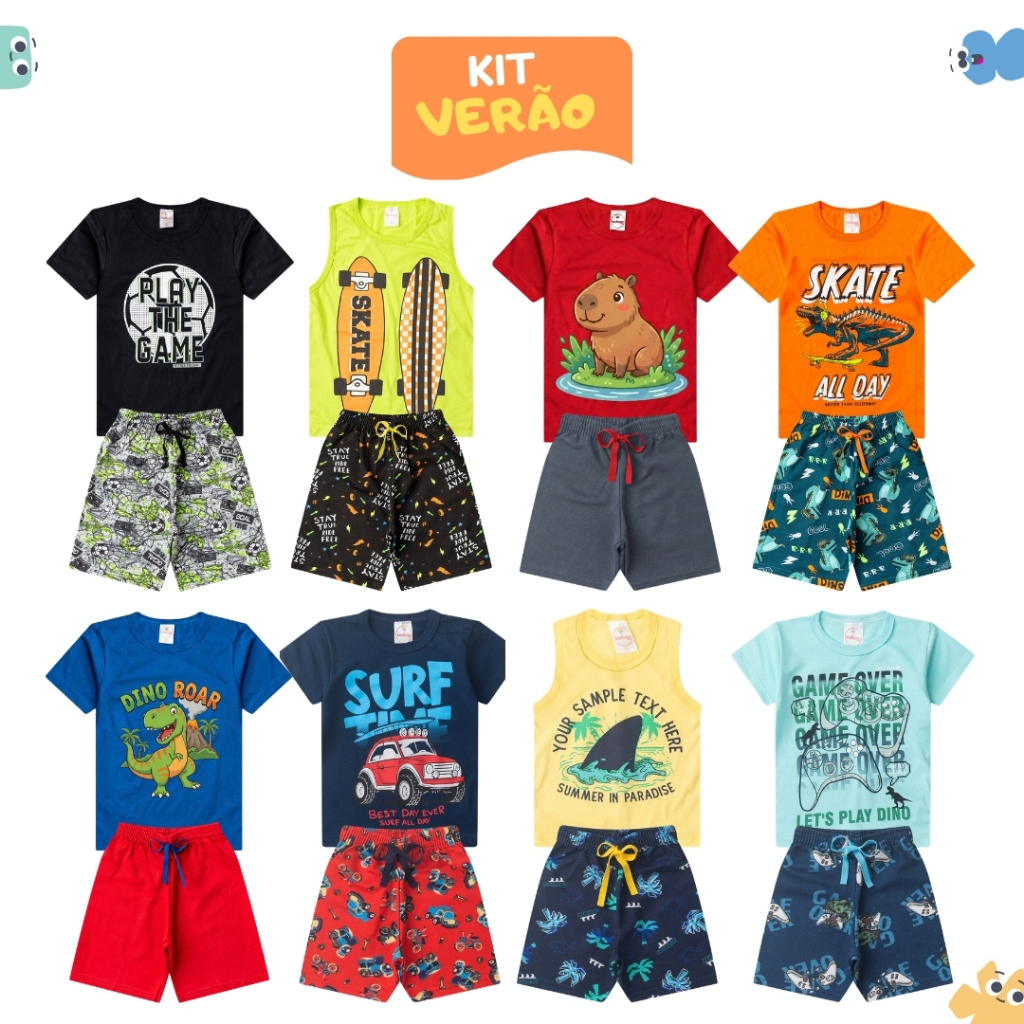 Kit 6 Peças Roupa Infantil Menino Verão Conjunto Masculino Criança 3 Camisetas + 3 Bermudas