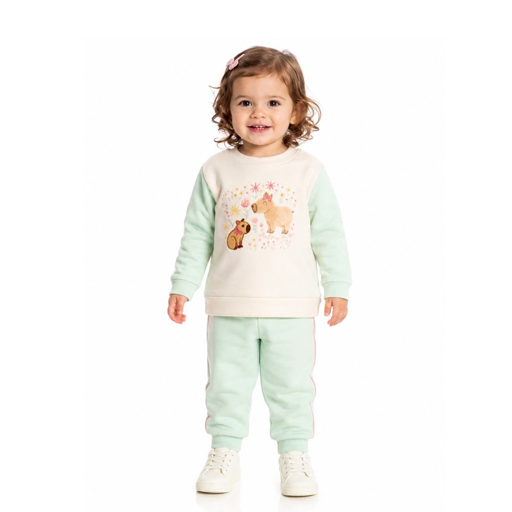 Conjunto Infantil Moletom Flanelado Nini Bambini Menina Off White e Verde Água Inverno Quentinho