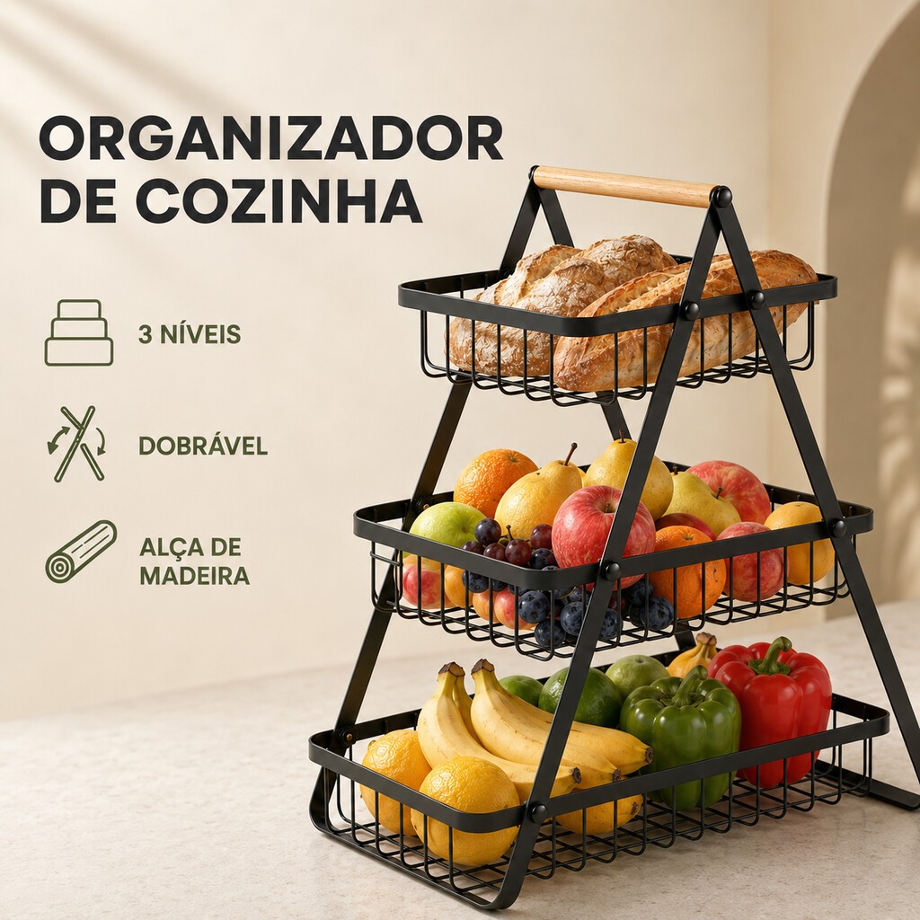 Organizador De Frutas Legumes Fruteira De Mesa Cesto Metal Aramado Multiuso Luxo Premium 2-3 Andares