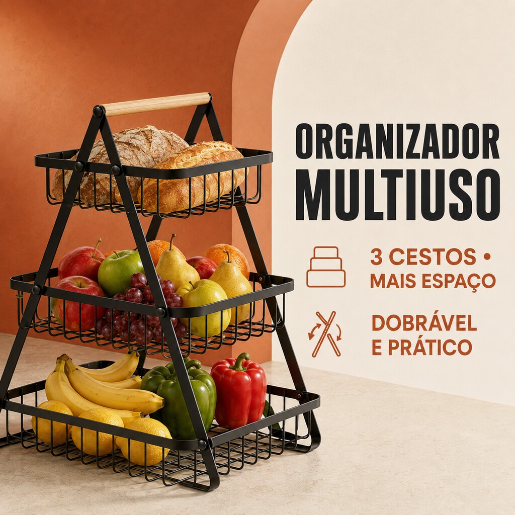 Cesto Metal Aramado Fruteira De Mesa Organizador De Frutas Legumes Multiuso Luxo Premium 2-3 Andares