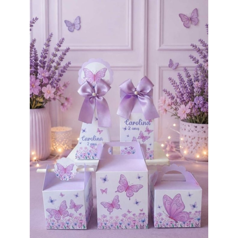(PEGUE E MONTE)-Caixinhas Personalizada Jardim das Borboletas Lilás aniversário/Kit Lembrancinhas