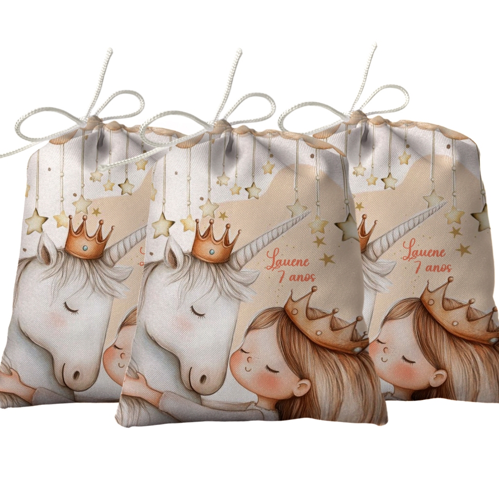 Sacolinha Lembrancinha Festa Aniversário Surpresa Tecido Personalizado Princesa e o Unicórnio