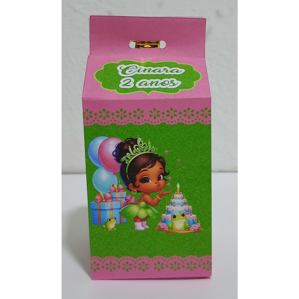 Caixas Milk Festa Infantil Personalizadas no Tema Princesa Tiana Baby Cut, Lembrancinha de Aniversário Infantil