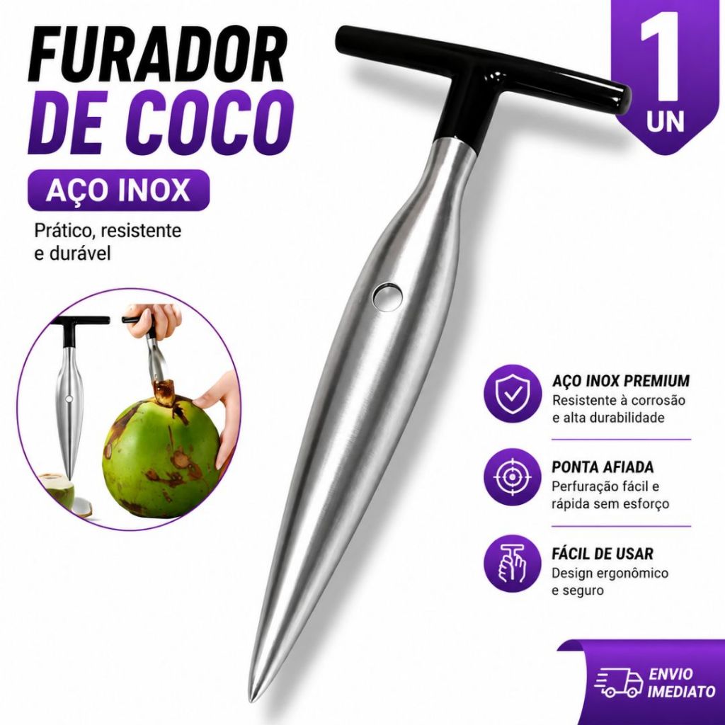 Fura Coco Em Aço Inox Profissional Resistente Furador Abridor Manual Anatômico