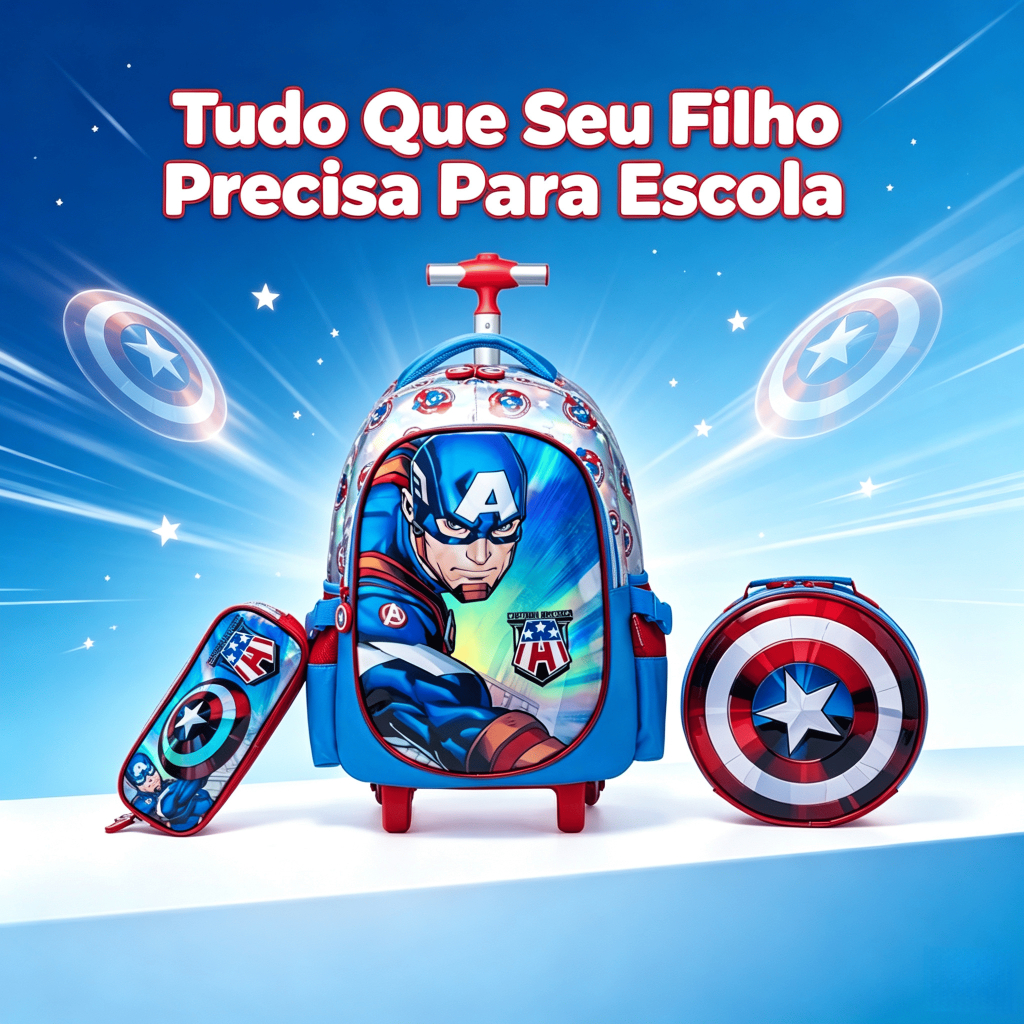 Kit Mochila Rodinhas Capitão América Infantil Escolar Lancheira Estojo