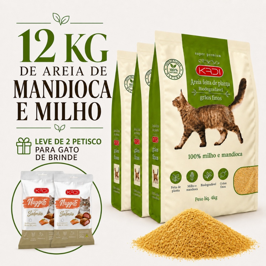 Areia Higiênica Natural Biodegradável de Grãos Finos de Milho e Mandioca para Gatos Kadi 12 kg