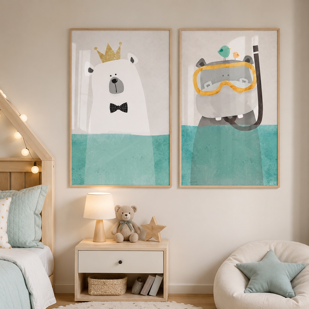 Quadro Decorativo Infantil Animais Fofos Hipopótamo Urso Polar 2 Telas Parede Qu