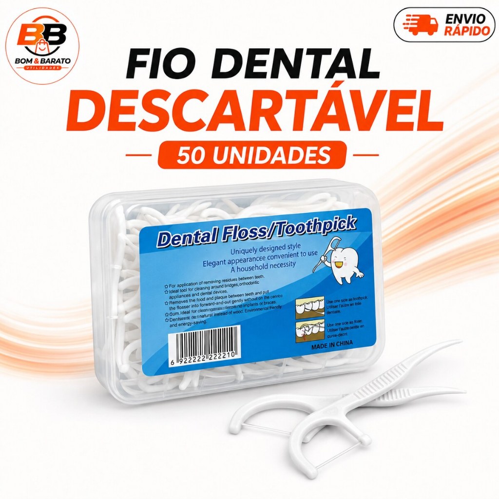 Fio Dental com Haste Descartável 2 em 1 Palito Dental Caixa com 50 Unidades