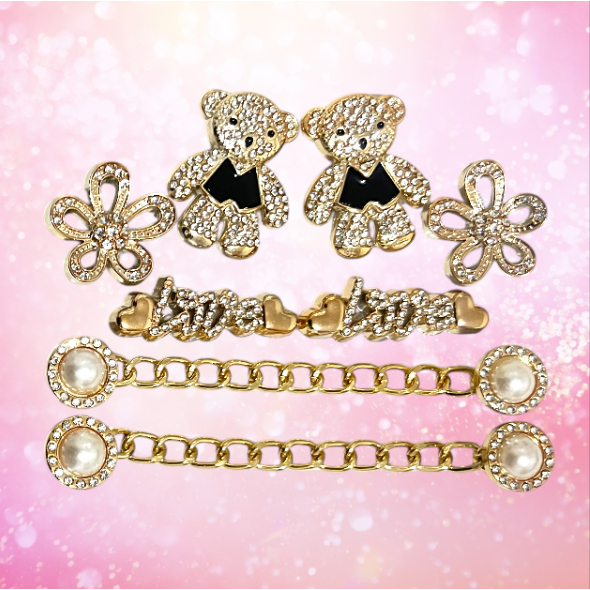 Kit Charms para Babuche — 4 Modelos, Strass & Pérolas, Fácil Instalação DIY