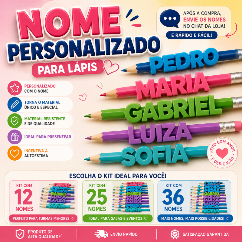 Nome Personalizado para Lápis em 3D | Identificador Escolar | Kit 12, 25 ou 36 Unidades | Lembrancinha Escolar presente