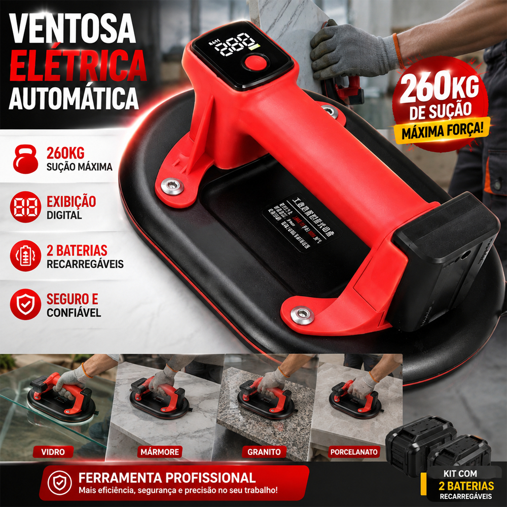 Ventosa Elétrica Automática 260kg Digital Kit 2 Baterias Para Vidro Mármore Granito Porcelanato Ferramenta Profissional