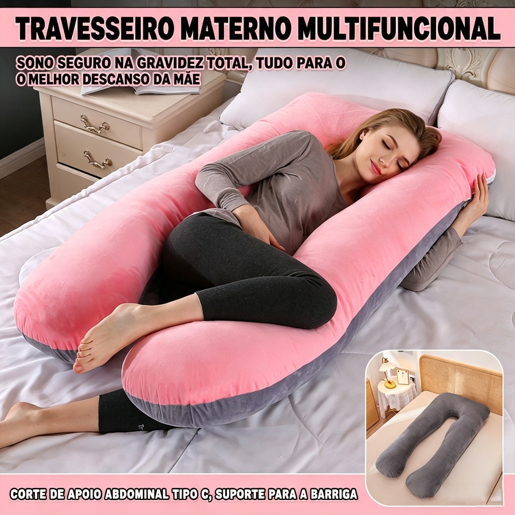 LarBom Almofada de Corpo para Gestante Formato U 130x70cm Travesseiro Ergonômico Apoio Todo Corpo Ideal para Gestação