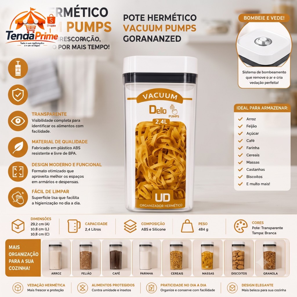 Pote Hermético Retangular 2,4 Litros Organizador De Alimentos Mantimentos Cozinha Vedação Resistente Transparente Prátic