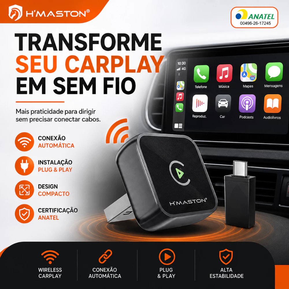 Adaptador CarPlay Sem Fio Wireless iPhone Plug and Play CarPlay Original USB ANATEL H'MASTON CZ01