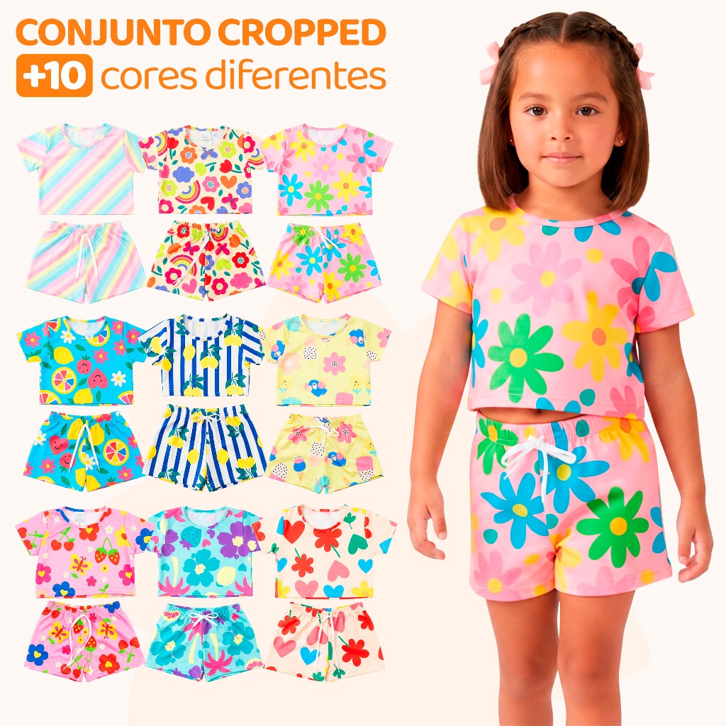 Kit 4 Peças de Conjunto Cropped Bebê Menina Moda Praia Verão Roupa para Bebê Fem