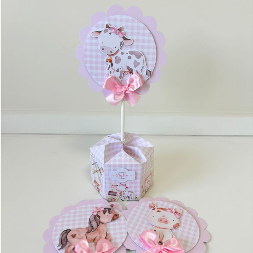 Kit de Centro de mesa Fazendinha Personalizado | Arranjo Enfeite Cachepô | Lembrancinha