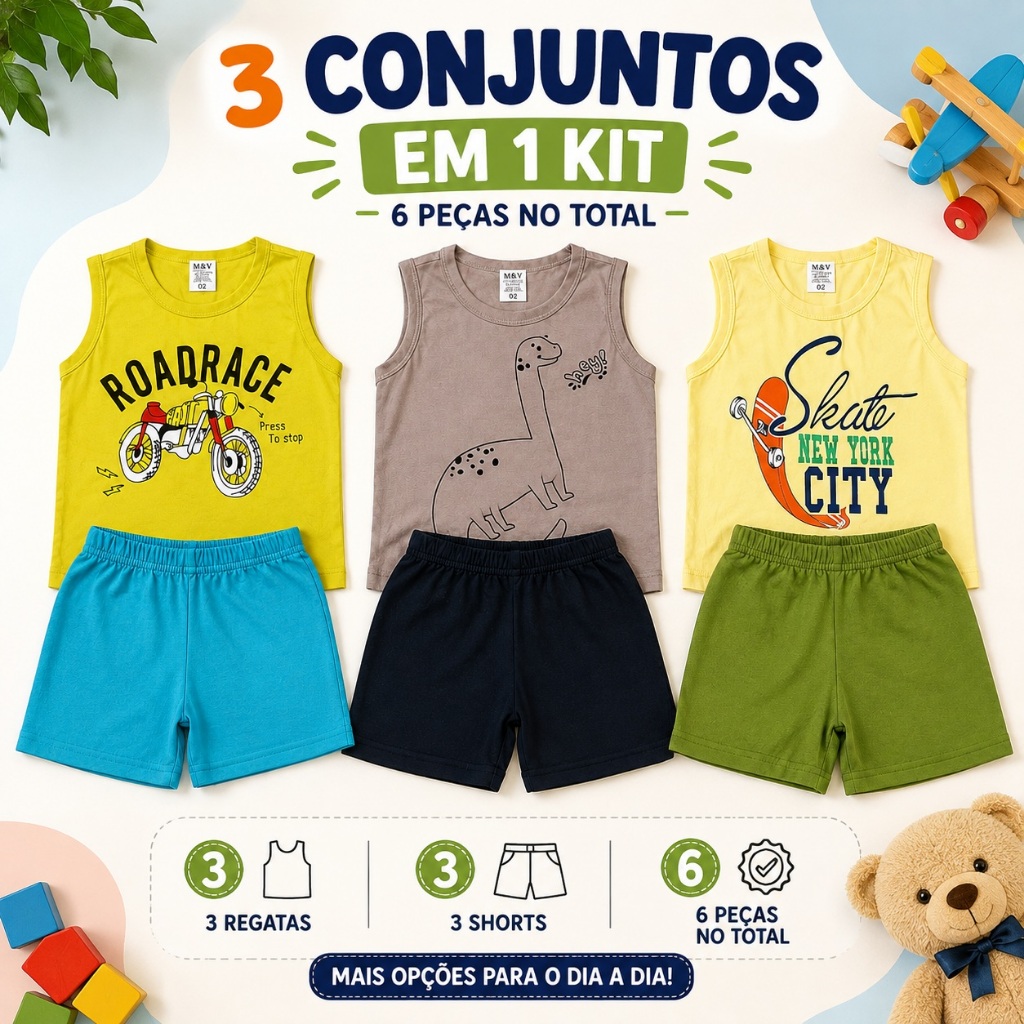 Kit 3 Conjuntos Infantil Menino Regata e Shorts 100% Algodão Roupa Infantil de Verão Estampas Sortidas Envio Imediato
