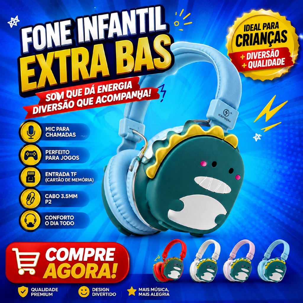 Fone Bluetooth Infantil Dinossauro Kapbom Extra Bass Entrada Cartao SD