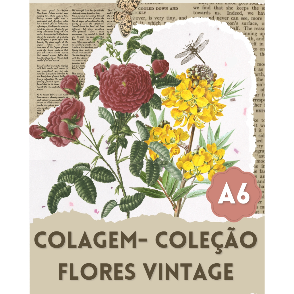 Kit de papéis para Colagem Flores A6 - Bullet Journal - Vintage - scrapbook- diário - Papelaria Fofa