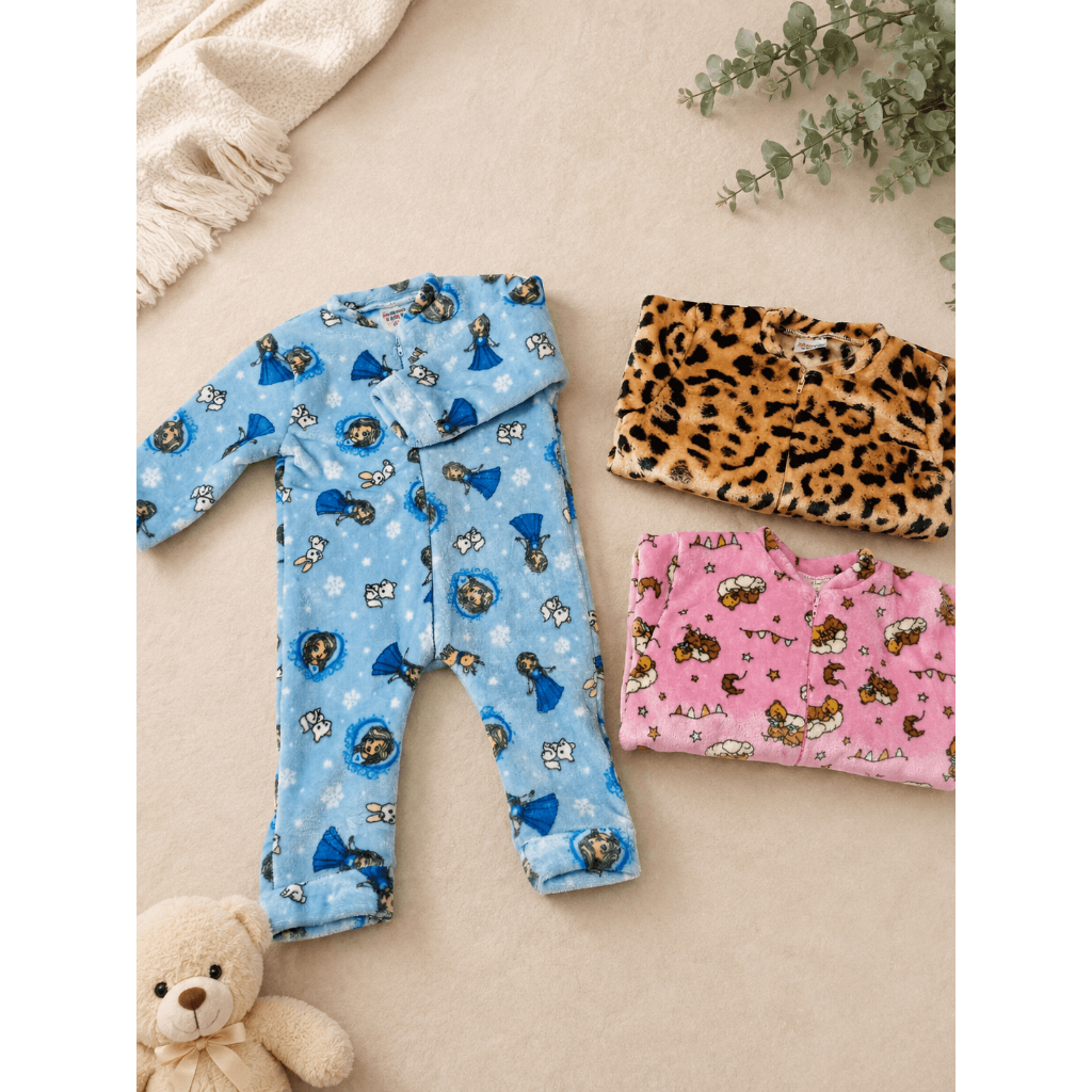 Kit 3 Macacão Feminino Inverno Macio Quentinho Dia a Dia Confortavel Peluciados em Flecee Estampados Bebê Menina P ao GG