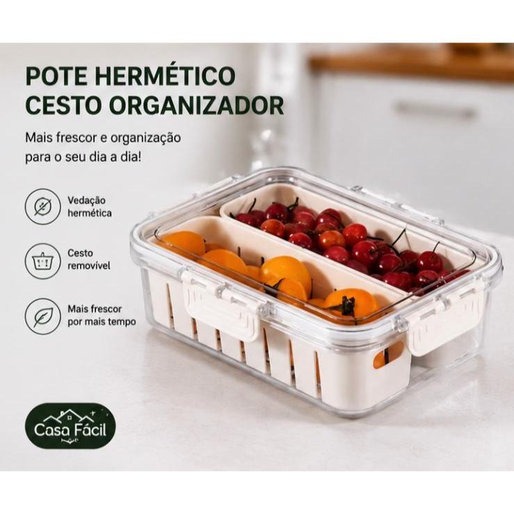 Pote Hermético Cesto Organizador Multiuso de Geladeira, Tampa Empilhável - Duas Divisórias