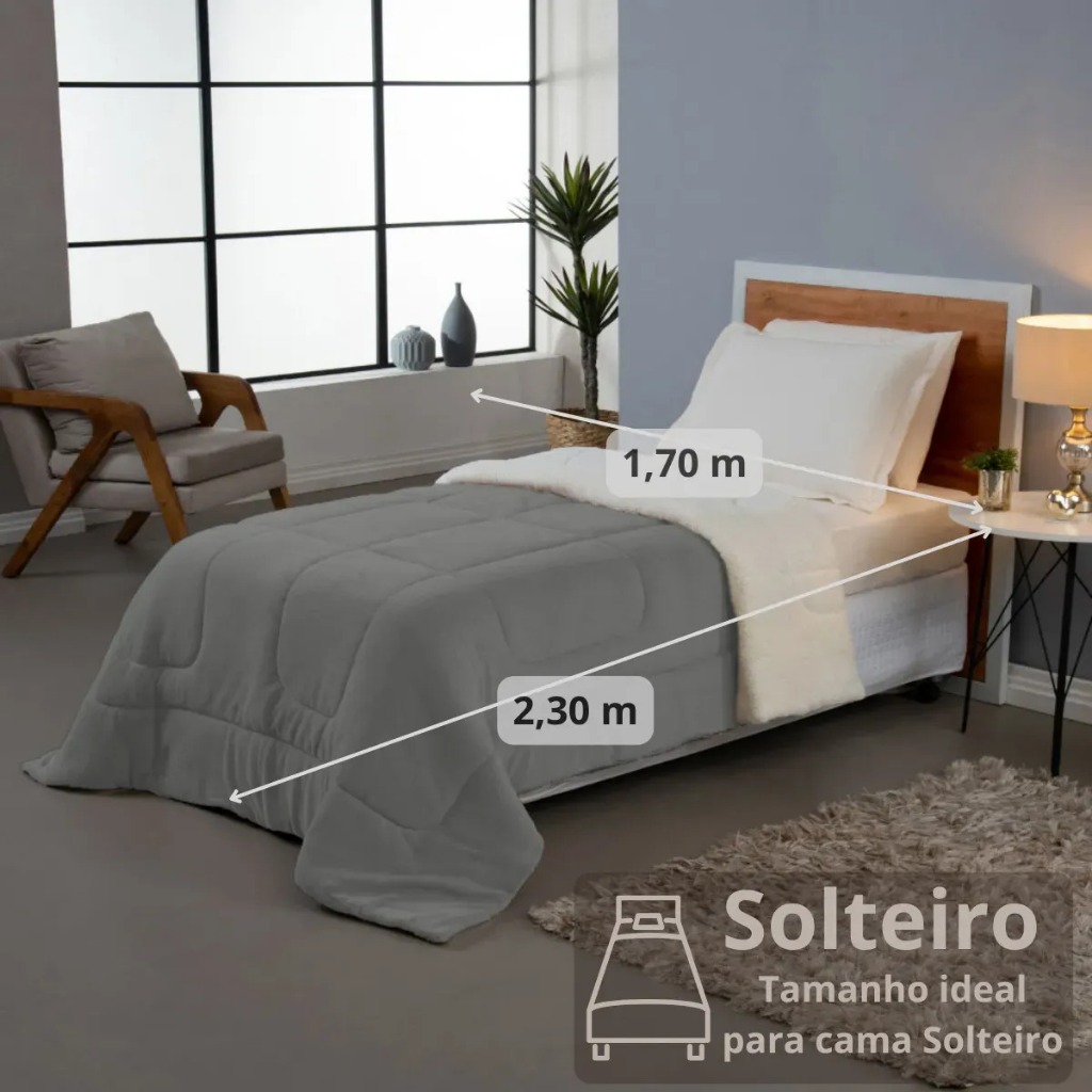 Coberdrom Solteirão Dupla Face Sherpa Lã De Carneiro Premium Cinza