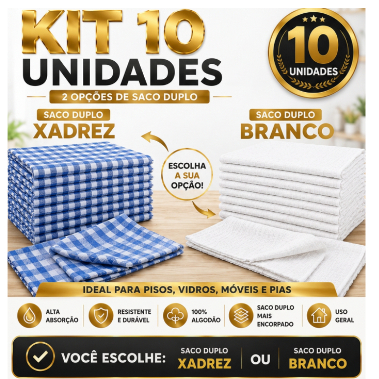 Kit 10 Panos de Chão 100% Algodão Grande 70x40cm | Alta Absorção | Branco Alvejado e Xadrez Azul