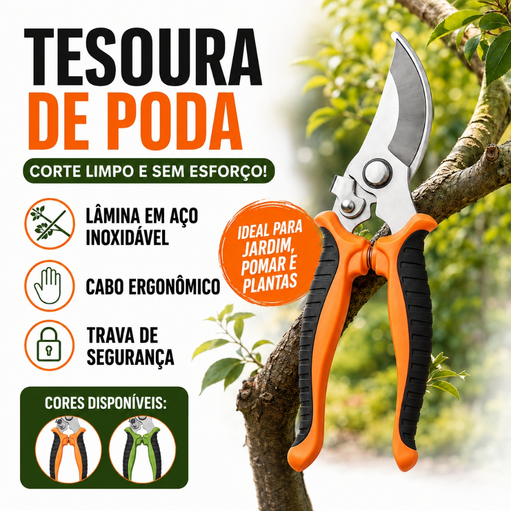Tesoura de Poda Lâmina Aço Inox 3mm KINETX Profissional Super Resistente e Ergonômica