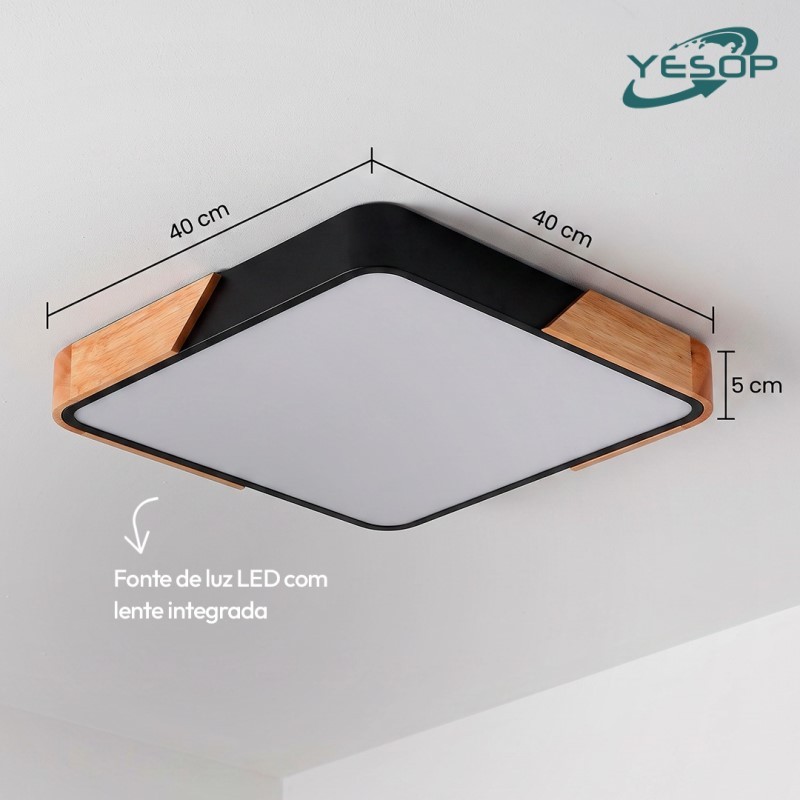 YESOP Plafon LED Teto 72W Moderno 3 Cores Preto Madeira Luminária Sobrepor Sala