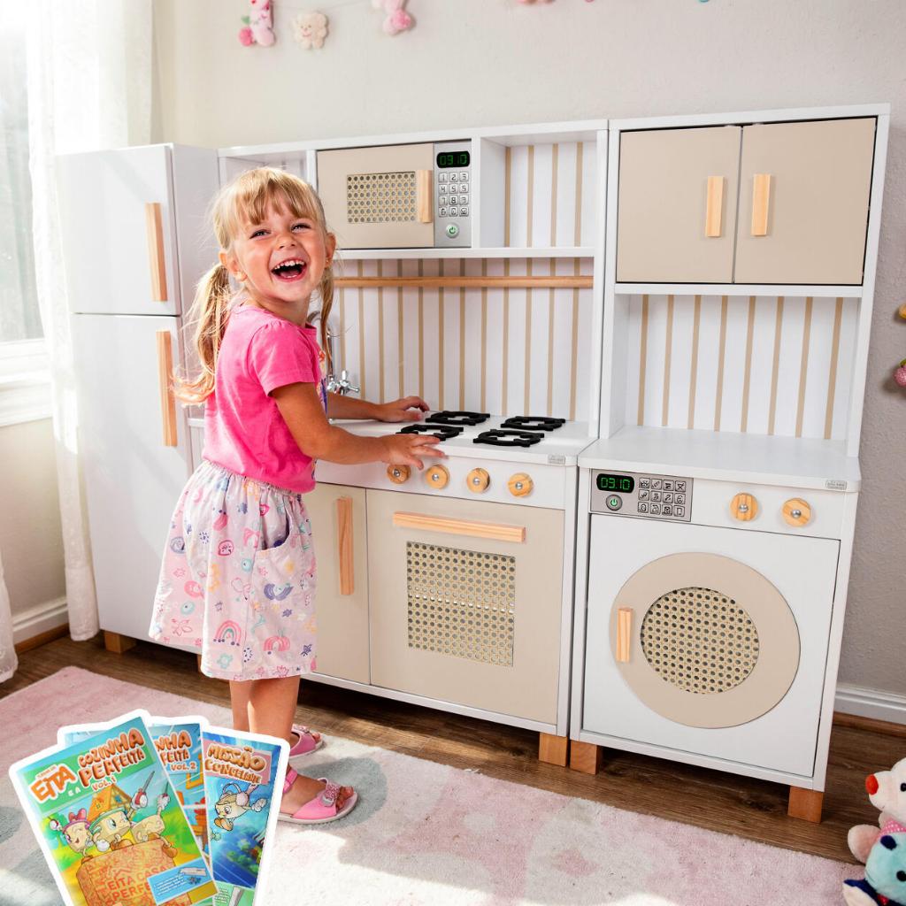 Cozinha Infantil Retro Geladeira Máquina Lavar Madeira Faz de Conta Chef Brinquedo Pedagógico Lúdico Kit Livro Educativo