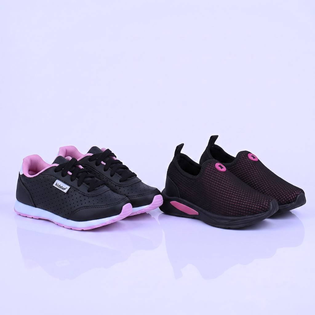 KIT 2 PARES Tenis Infantil Calce Facil Menina Preto Pink K Telinha e Escolar Pre