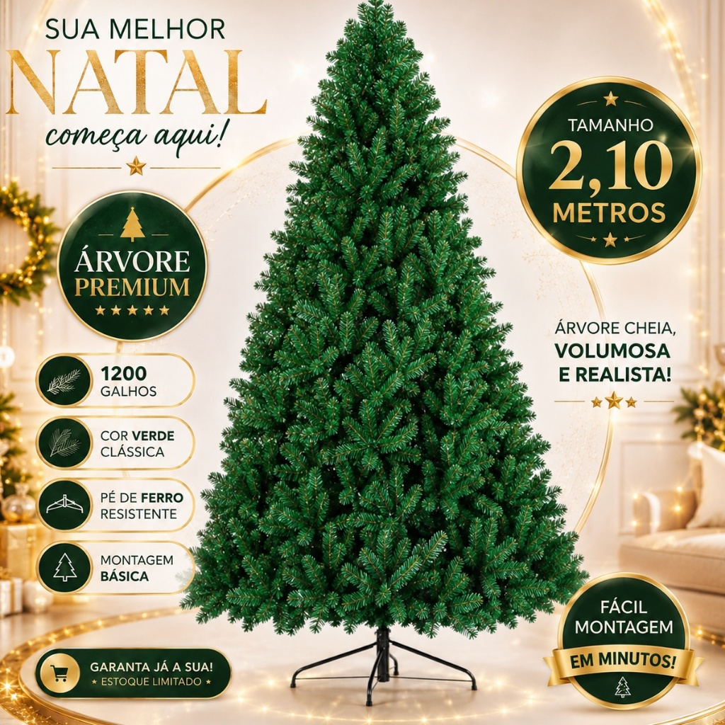 Árvore de Natal 2,10 m 1200 Galhos Pinheiro Galhos Reforçados Pé de Ferro